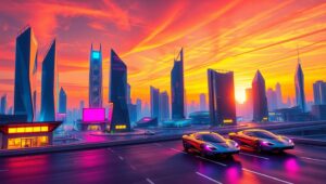 Futuristic Low-Poly Cityscape – free AI stock image