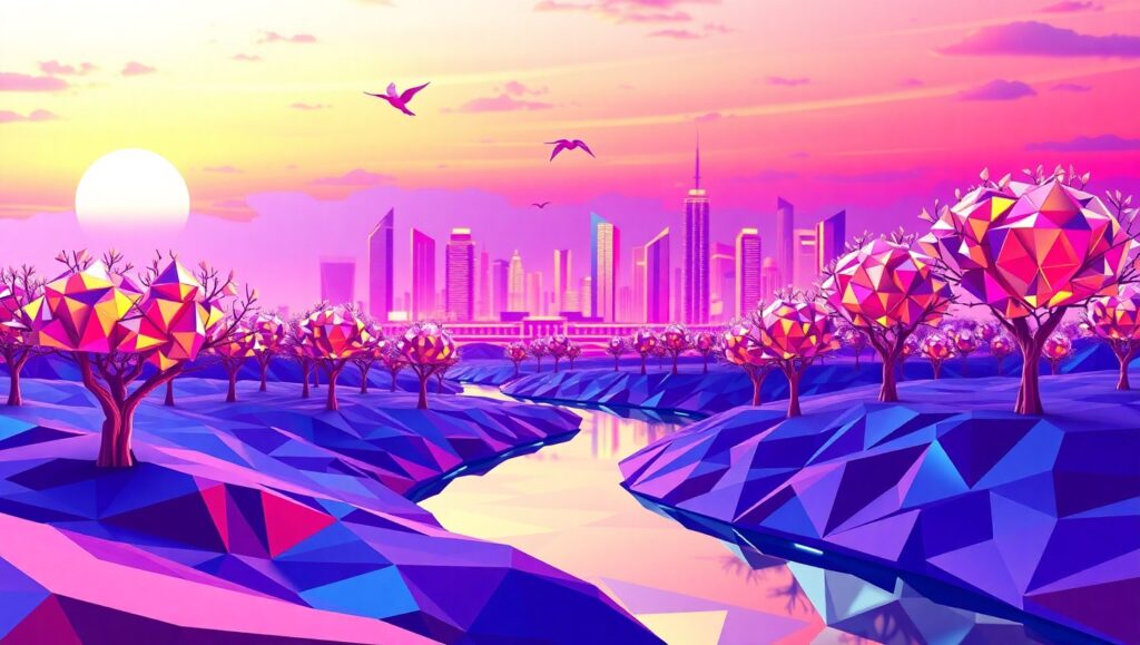 Futuristic Low-Poly Cityscape – free AI stock image