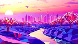 Futuristic Low-Poly Cityscape – free AI stock image