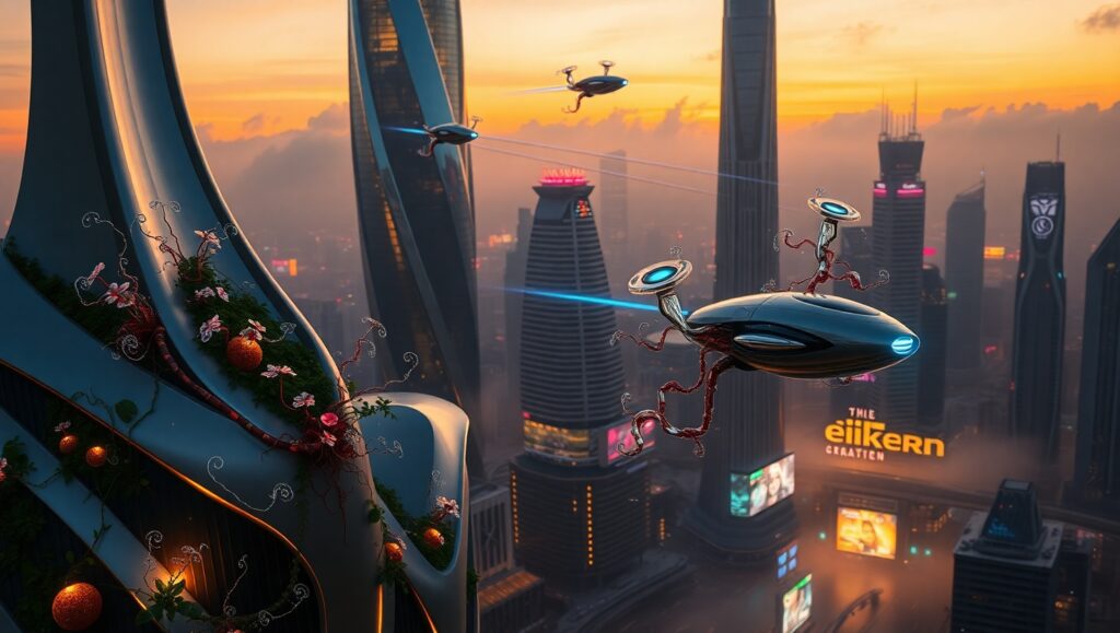 Futuristic Nature-City Blend – free AI stock image