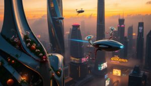 Futuristic Nature-City Blend – free AI stock image