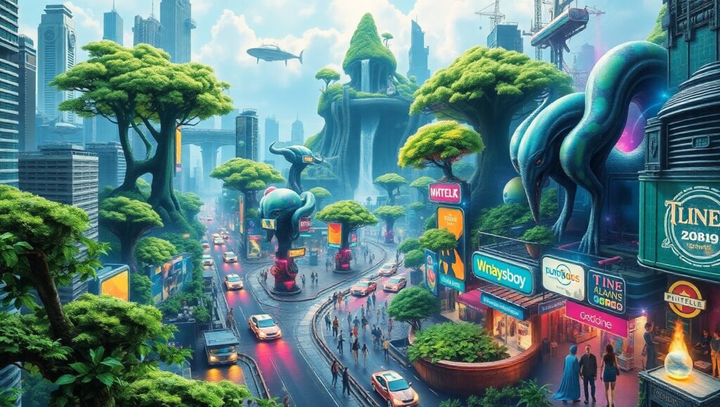 Futuristic Nature-City Fusion – free AI stock image