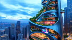 Futuristic Nature-Integrated Skyscraper – free AI stock image