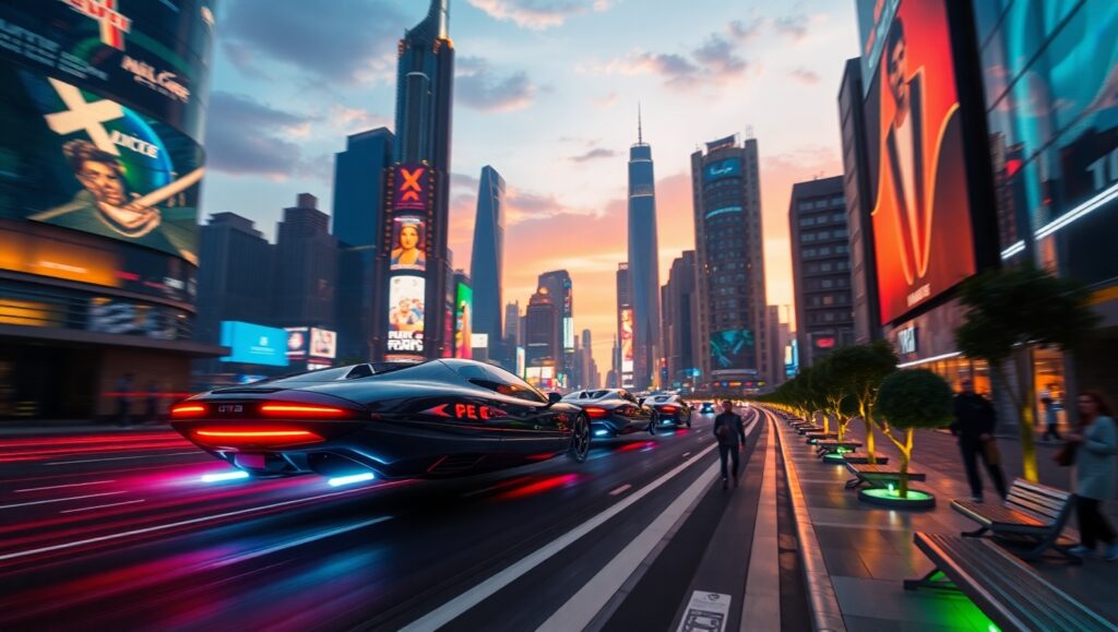 Futuristic Neon City in Motion – free AI stock image