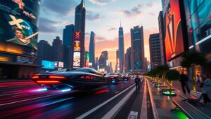 Futuristic Neon City in Motion – free AI stock image