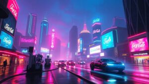 Futuristic Neon Cityscape at Dusk – free AI stock image