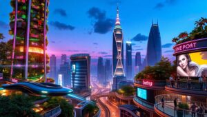 Futuristic Neon Cityscape at Dusk – free AI stock image