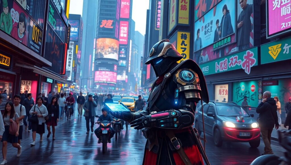 Futuristic Neon Street Scene – free AI stock image