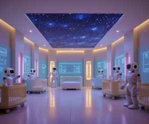A Futuristic Nursery with AI Childcare Robots – free AI stock image