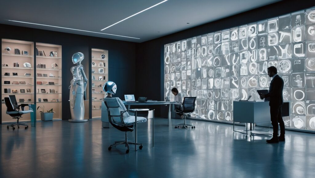 Futuristic Office with Advanced Technology Integration – free AI stock image