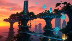 Futuristic Organic Cityscape at Dusk – free AI stock image