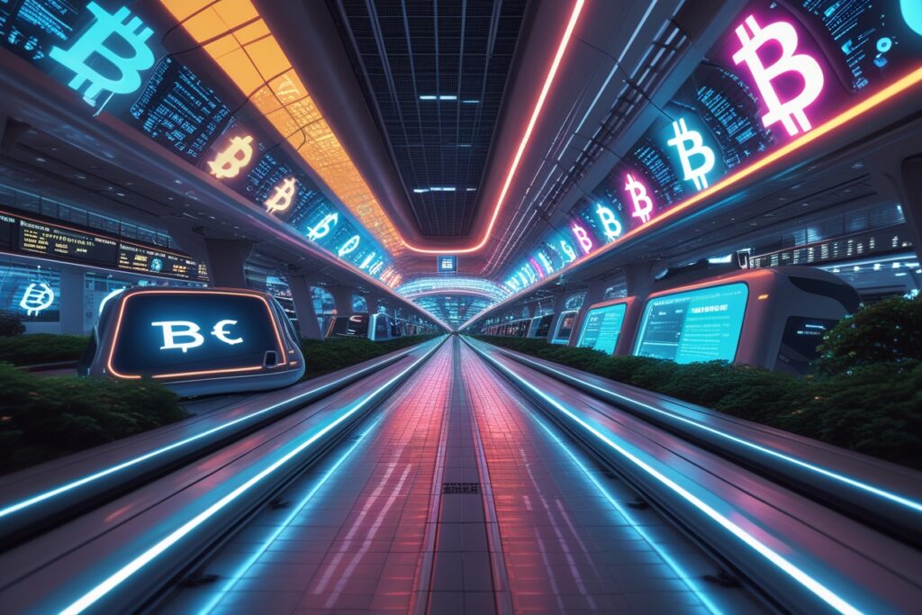 Futuristic Public Transit Station with Cryptocurrency Elements – free AI stock image
