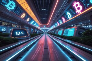 Futuristic Public Transit Station with Cryptocurrency Elements – free AI stock image