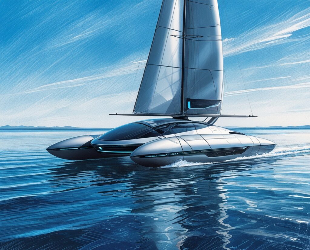 Futuristic Robotic Sailboat on Serene Waters – free AI stock image
