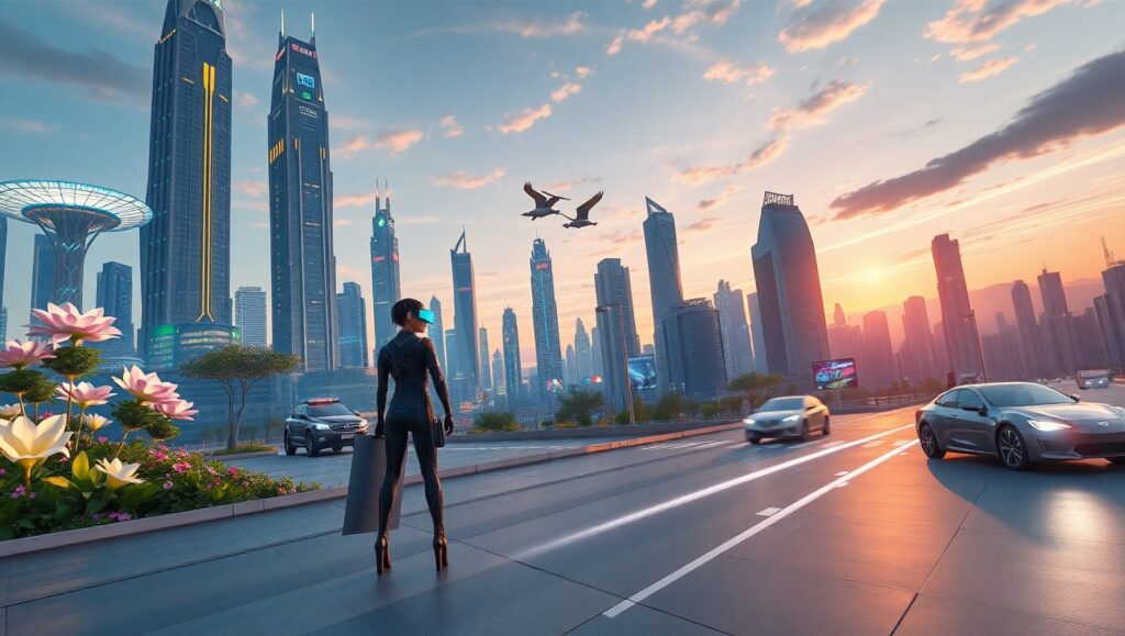 Futuristic Skyline at Sunset – free AI stock image