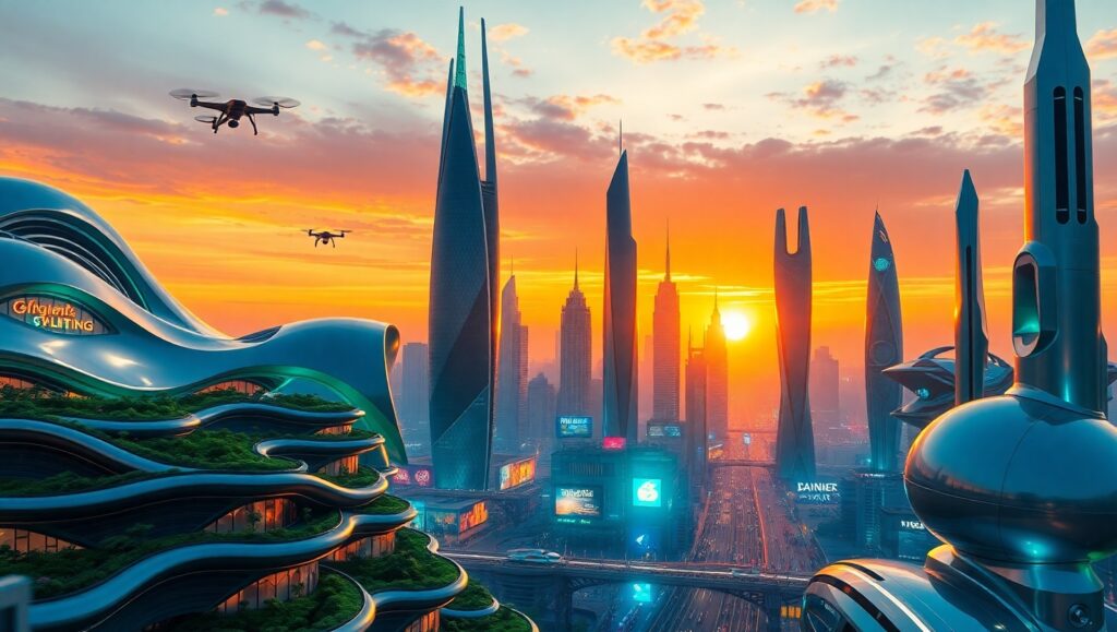Futuristic Skyline at Sunset Mj9 – free AI stock image