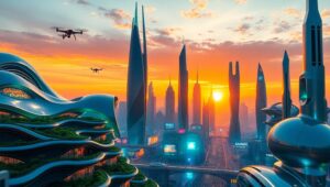 Futuristic Skyline at Sunset Mj9 – free AI stock image
