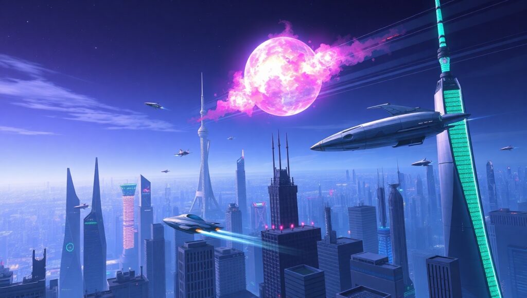Futuristic Skyline Under Nebula – free AI stock image