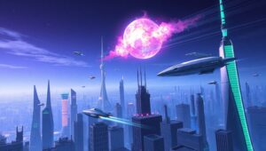 Futuristic Skyline Under Nebula – free AI stock image