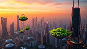 Futuristic Skyline with Floating Gardens – free AI stock image