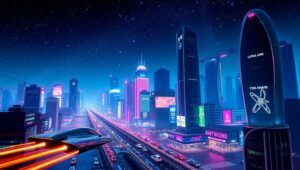 Futuristic Skyline with Flying Cars – free AI stock image