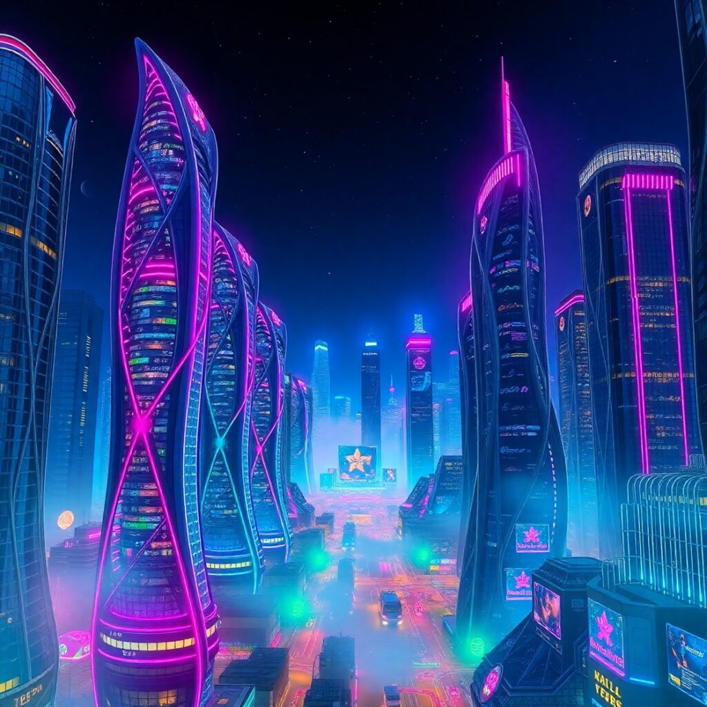 Futuristic Skyline with Glowing Skyscrapers – free AI stock image