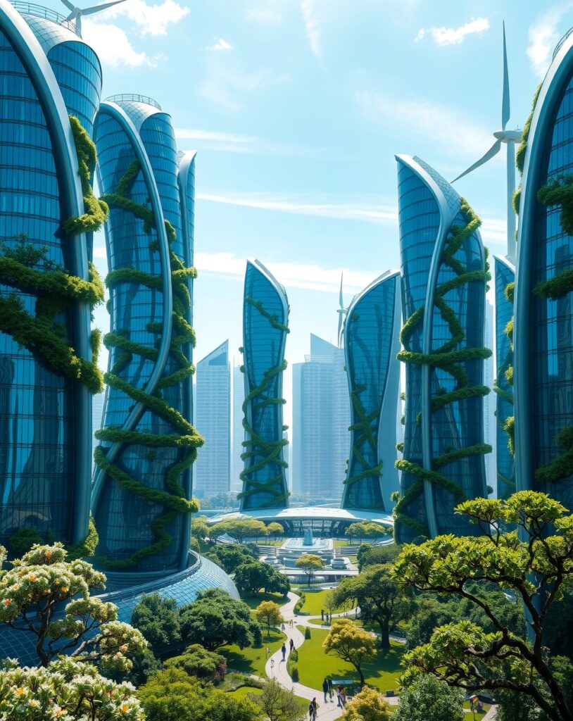 Futuristic Skyline with Green Architecture – free AI stock image