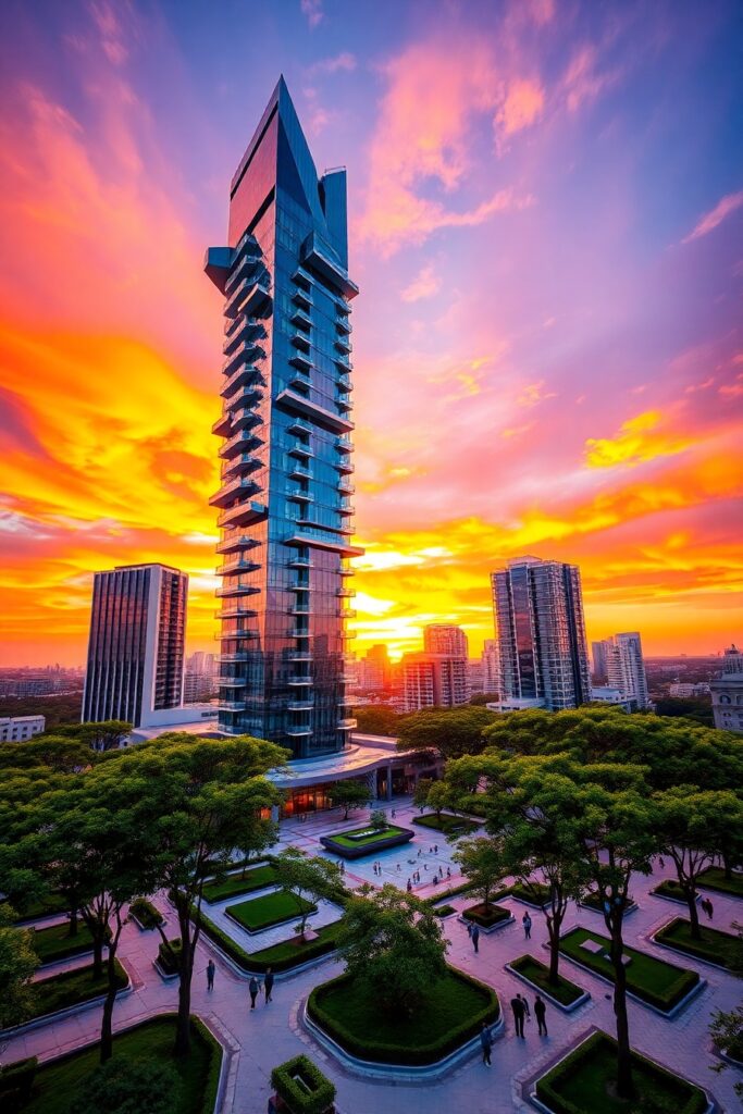 Futuristic Skyscraper Against a Sunset Sky – free AI stock image