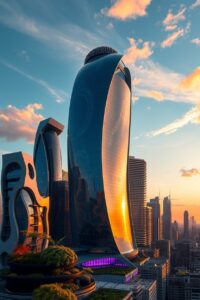 Futuristic Skyscraper Against a Sunset Sky – free AI stock image