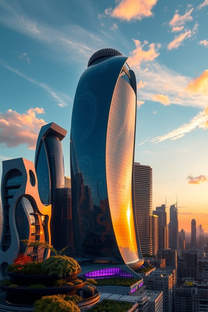 Futuristic Skyscraper Against a Sunset Sky – free AI stock image
