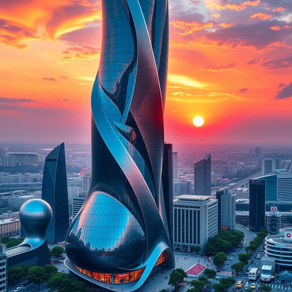 Futuristic Skyscraper Against Sunset Sky – free AI stock image