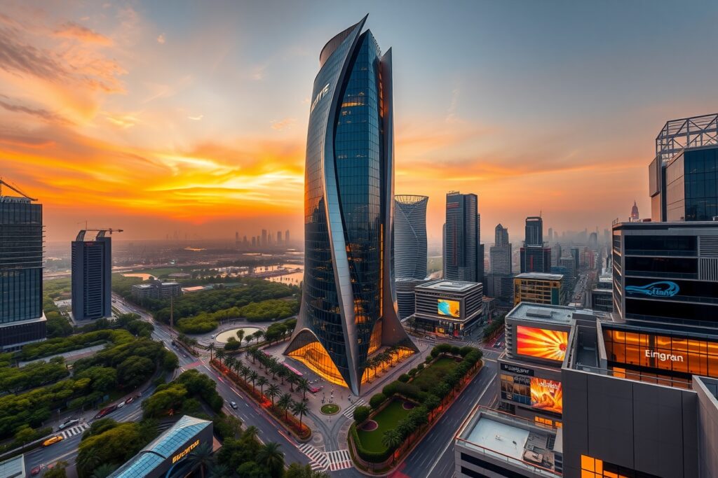Futuristic Skyscraper in Urban Landscape – free AI stock image