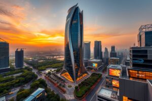 Futuristic Skyscraper in Urban Landscape – free AI stock image