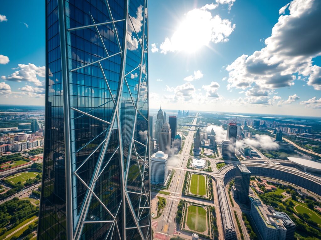 Futuristic Skyscraper in Urban Landscape – free AI stock image