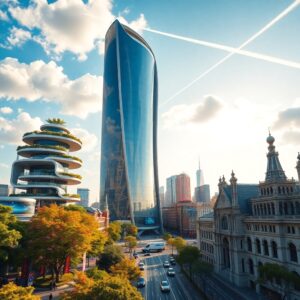 Futuristic Skyscraper in Urban Landscape – free AI stock image