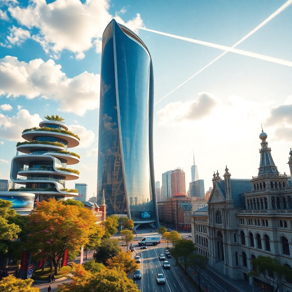 Futuristic Skyscraper in Urban Landscape – free AI stock image