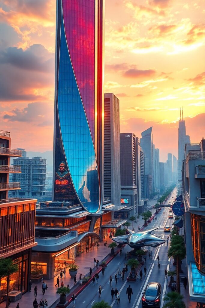 Futuristic Skyscraper in Urban Landscape – free AI stock image