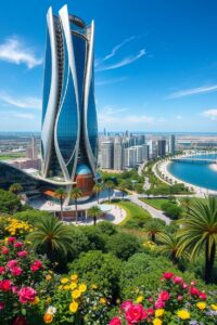 Futuristic Skyscraper Surrounded by Nature – free AI stock image