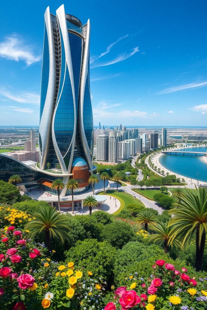 Futuristic Skyscraper Surrounded by Nature – free AI stock image