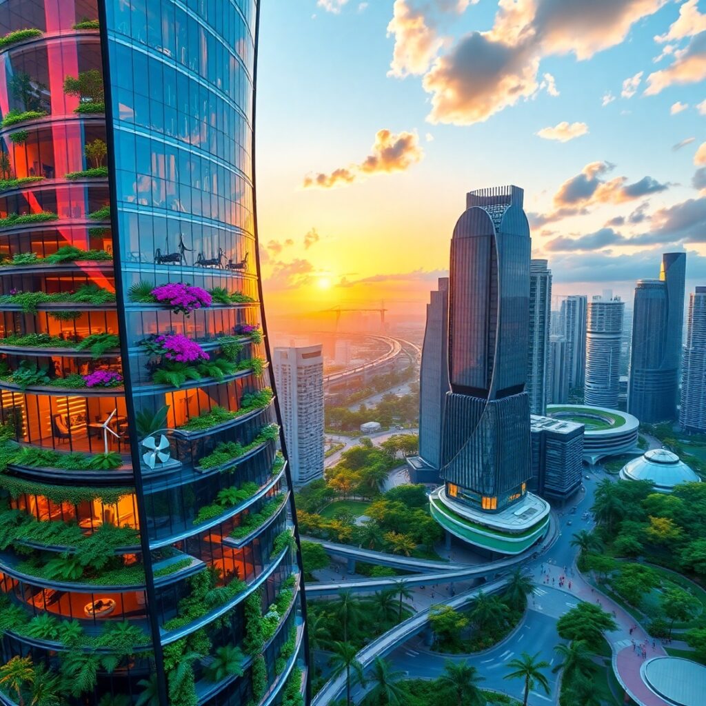 Futuristic Skyscraper with Green Spaces – free AI stock image
