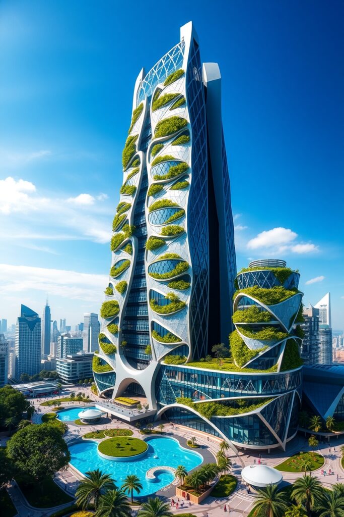 Futuristic Skyscraper with Lush Greenery – free AI stock image