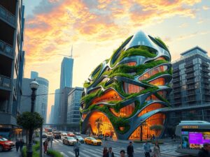 Futuristic Skyscraper with Organic Design Elements – free AI stock image