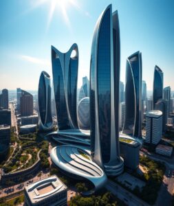 Futuristic Skyscrapers Against a Blue Sky – free AI stock image