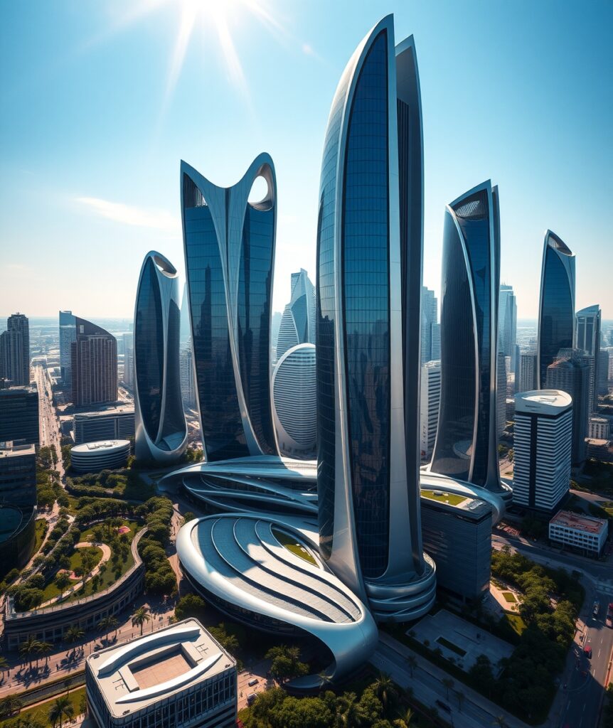 Futuristic Skyscrapers Against a Blue Sky – free AI stock image