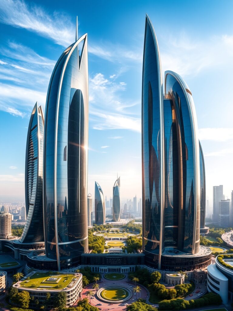 Futuristic Skyscrapers Against a Clear Sky – free AI stock image