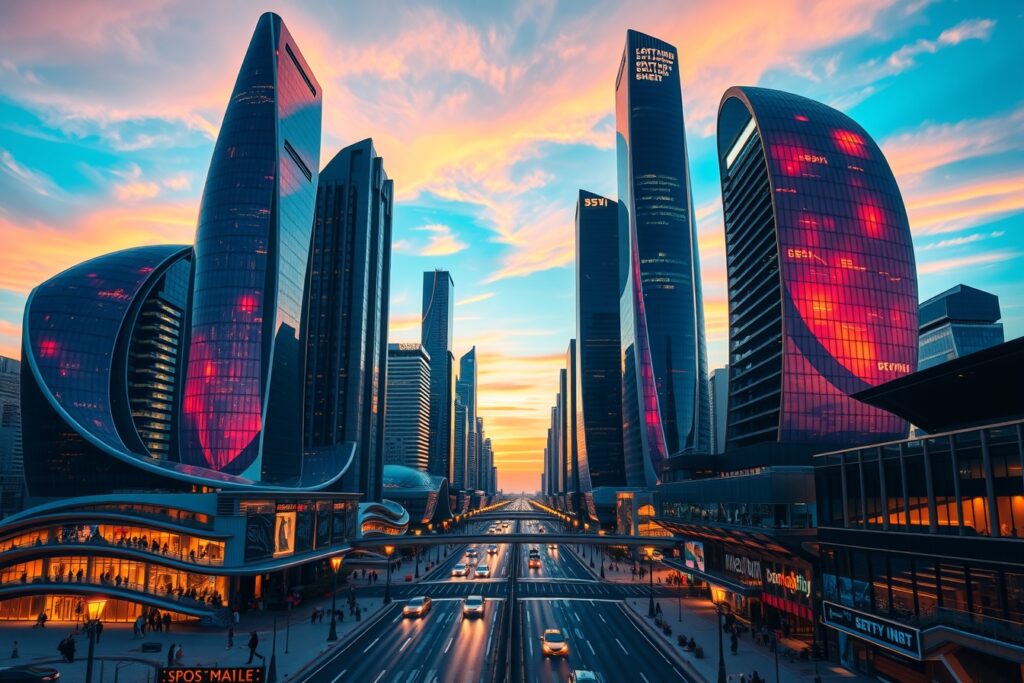 Futuristic Skyscrapers Against a Dusk Sky – free AI stock image