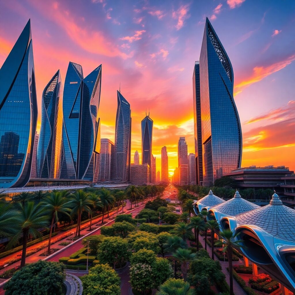 Futuristic Skyscrapers Against a Sunset Sky – free AI stock image