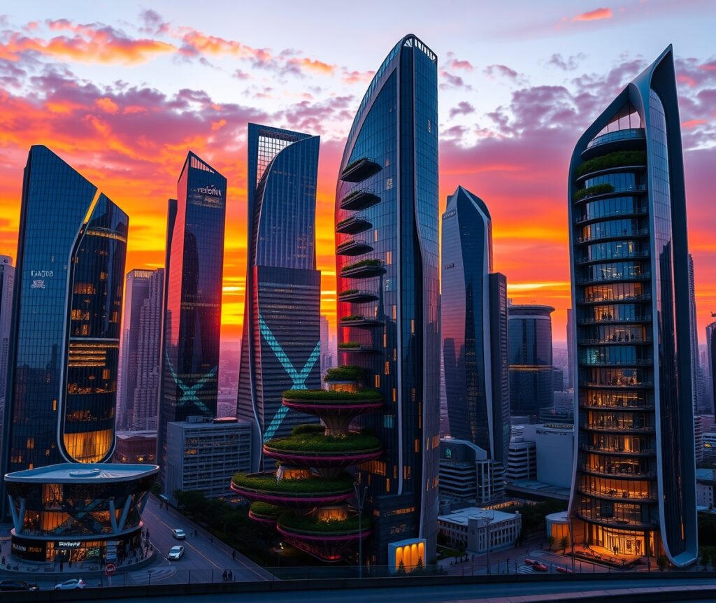 Futuristic Skyscrapers Against a Sunset Sky – free AI stock image