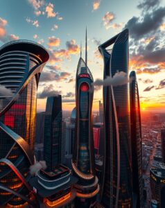 Futuristic Skyscrapers Against a Sunset Sky – free AI stock image