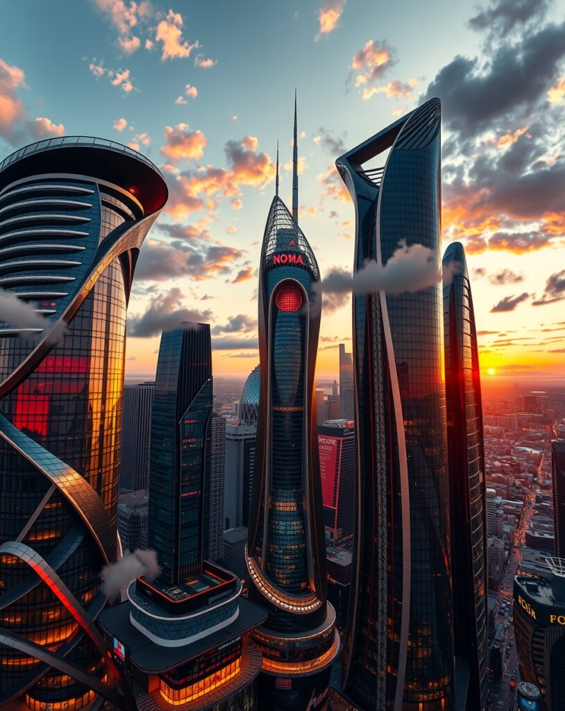 Futuristic Skyscrapers Against a Sunset Sky – free AI stock image